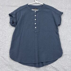Quince Top Womens Medium Blue 100% Organic Cotton Gauze Button Roll Sleeve Shirt